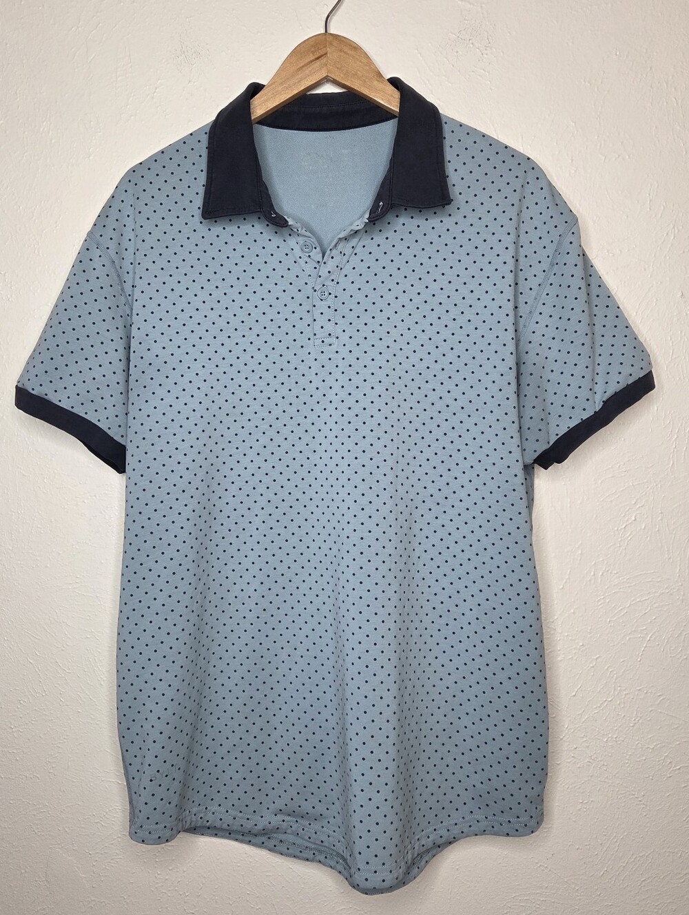 BYLT Polka Dot Polo Shirt Mens Size XL Light Blue Navy Minimalist Golf Casual